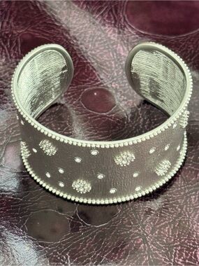 Sculptural Brushed Silver-Tone Crystal Floral Statement Cuff Bracelet